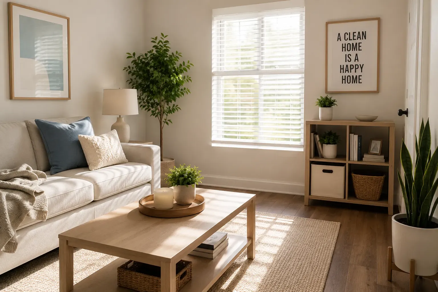 Bright apartment living room in Fort Worth with clean floors, sofa and coffee table