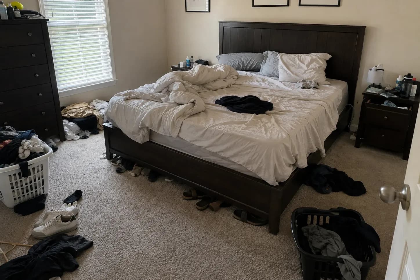 Fort Worth bedroom before a move-out clean, with bedding disturbed and belongings on the floor