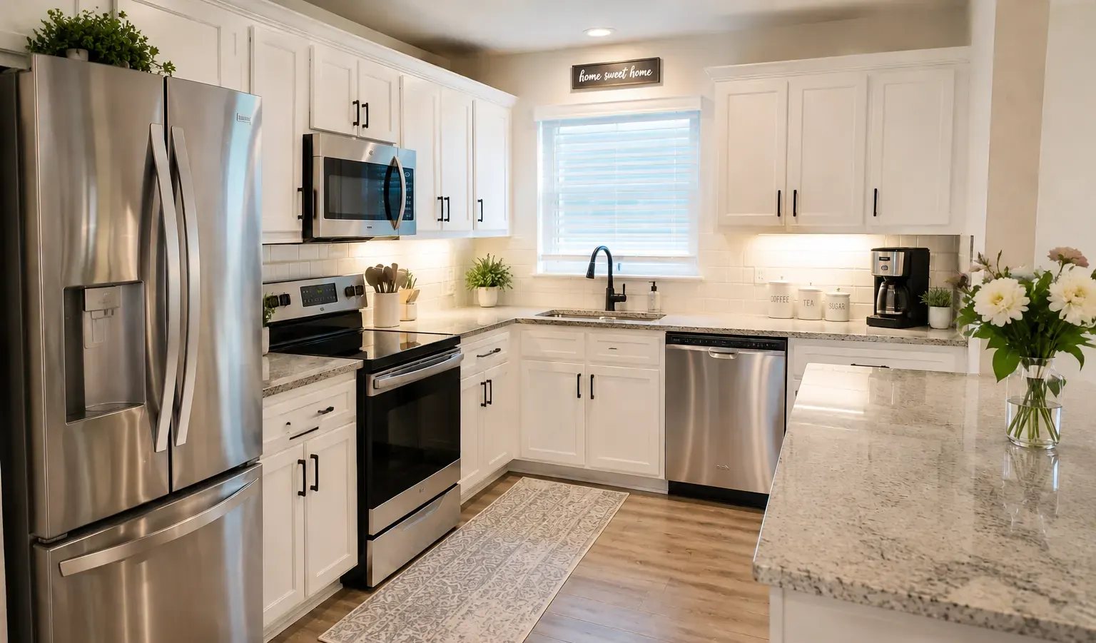 The same Fort Worth kitchen after a deep clean, with clear counters and polished fixtures