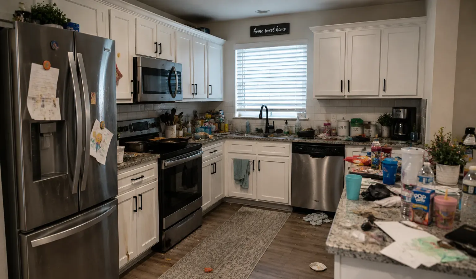 Fort Worth kitchen before a deep clean, with counters covered and surfaces cluttered
