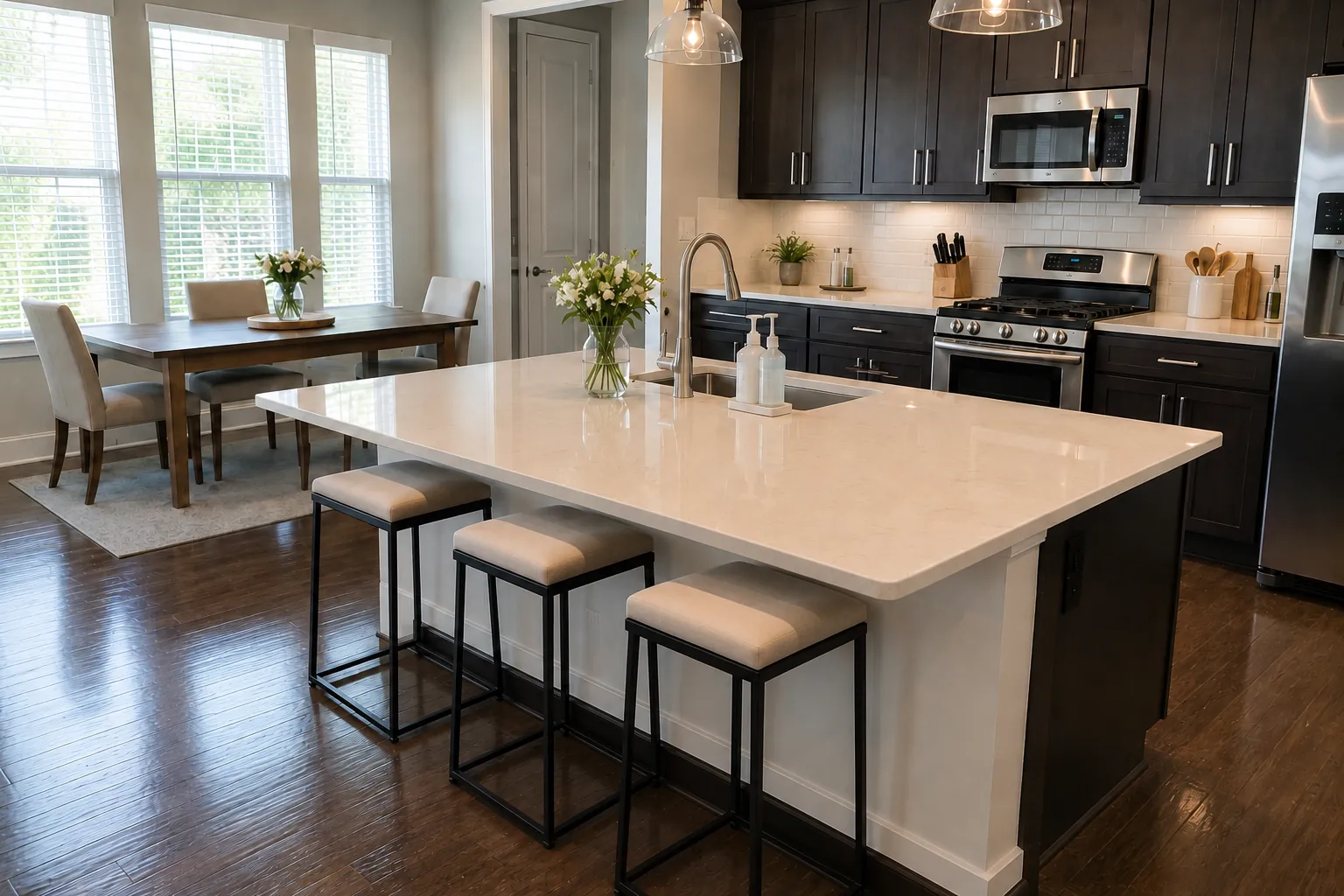 The same Fort Worth kitchen after cleaning, with clear counters, polished surfaces and clean floors