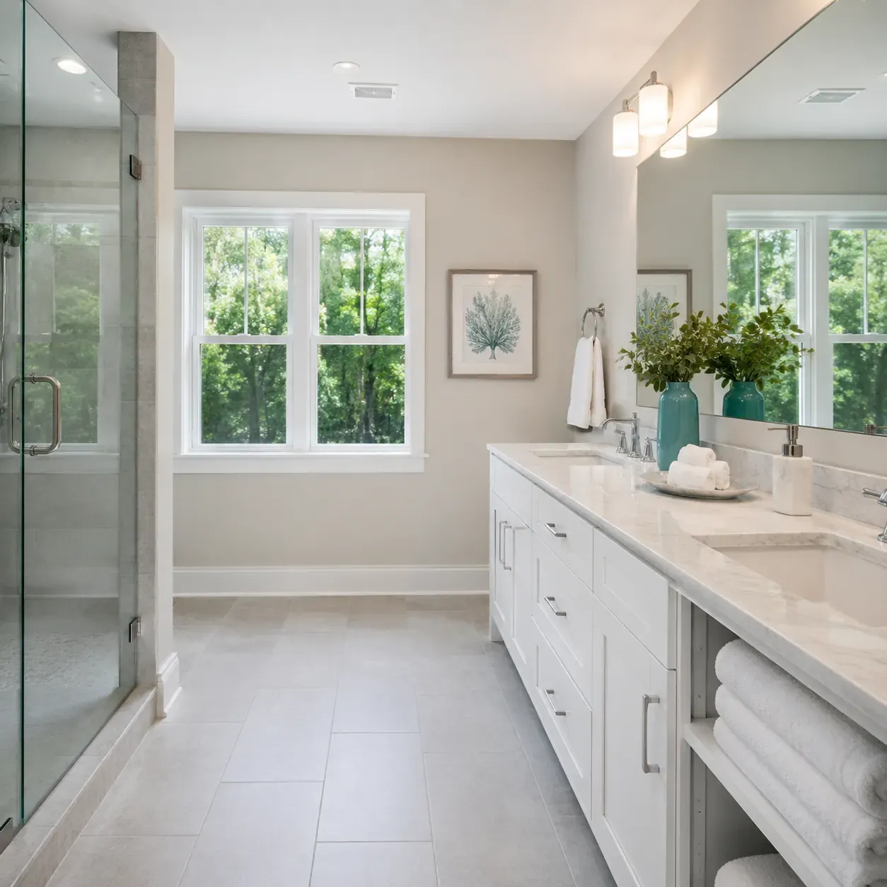 Detailed and polished double vanity bathroom in a Fort Worth home after a deep clean