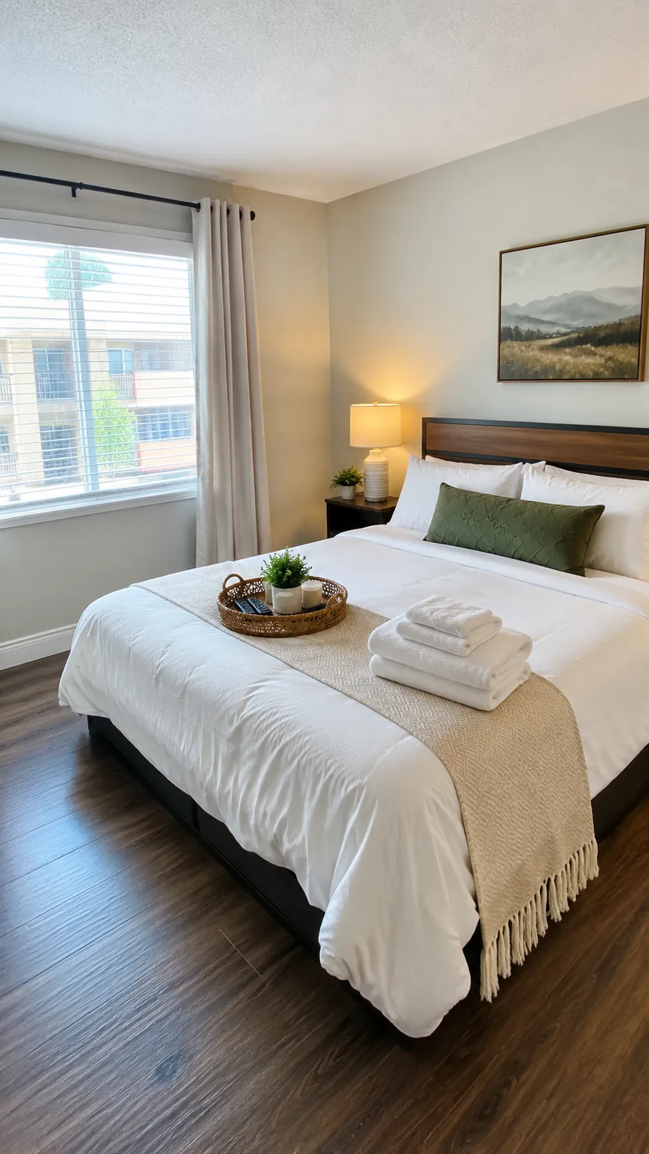 Short-term rental bedroom staged with fresh linens and folded towels between guests