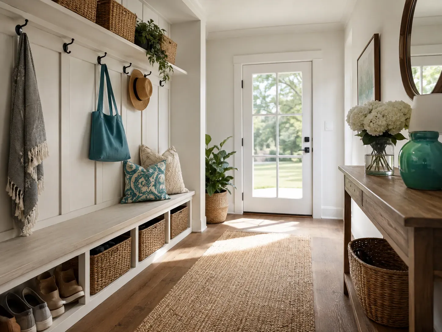 Entryway and mudroom of a Fort Worth townhome with clean floors, bench seating and storage