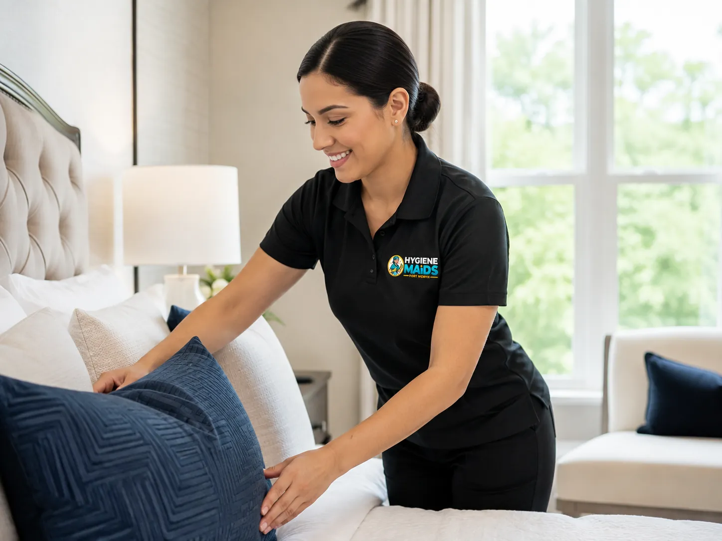 Hygiene Maids cleaner smoothing bedding in a Fort Worth bedroom during a recurring cleaning visit