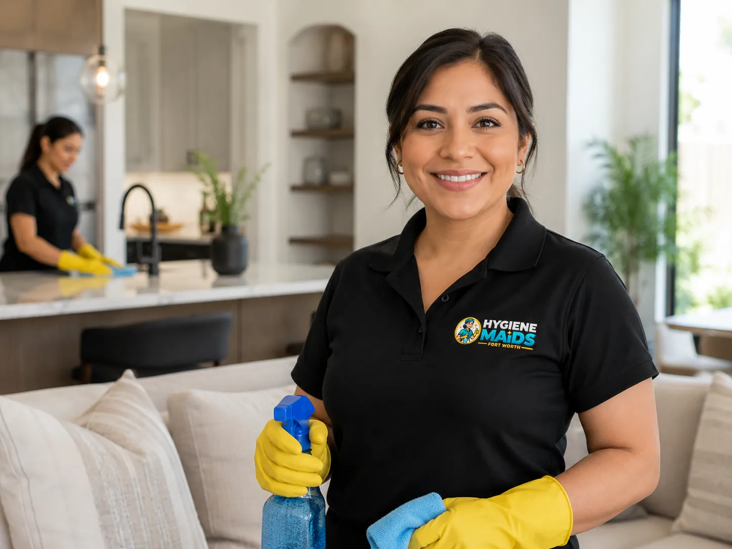 Hygiene Maids of Fort Worth cleaner in branded uniform in a Fort Worth kitchen