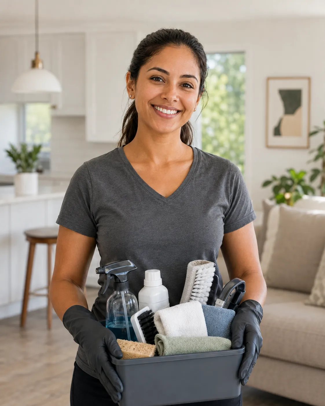 Hygiene Maids cleaner carrying a caddy of professional cleaning supplies into a Fort Worth home