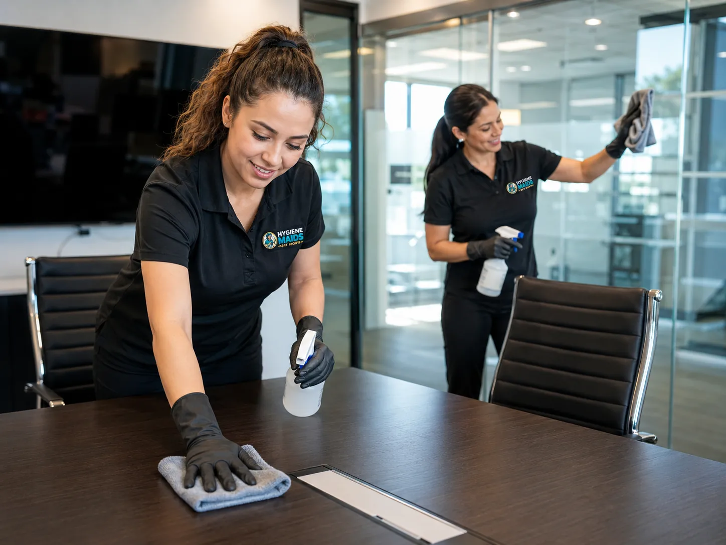 Hygiene Maids cleaner detailing a conference room table in a Fort Worth office on a daily cleaning schedule