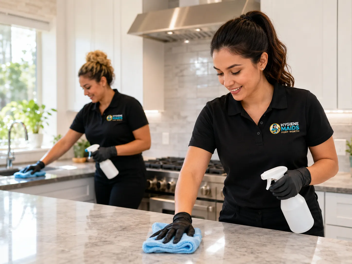 Two Hygiene Maids cleaners in Fort Worth uniforms wiping down kitchen counters and the range area of a Fort Worth home