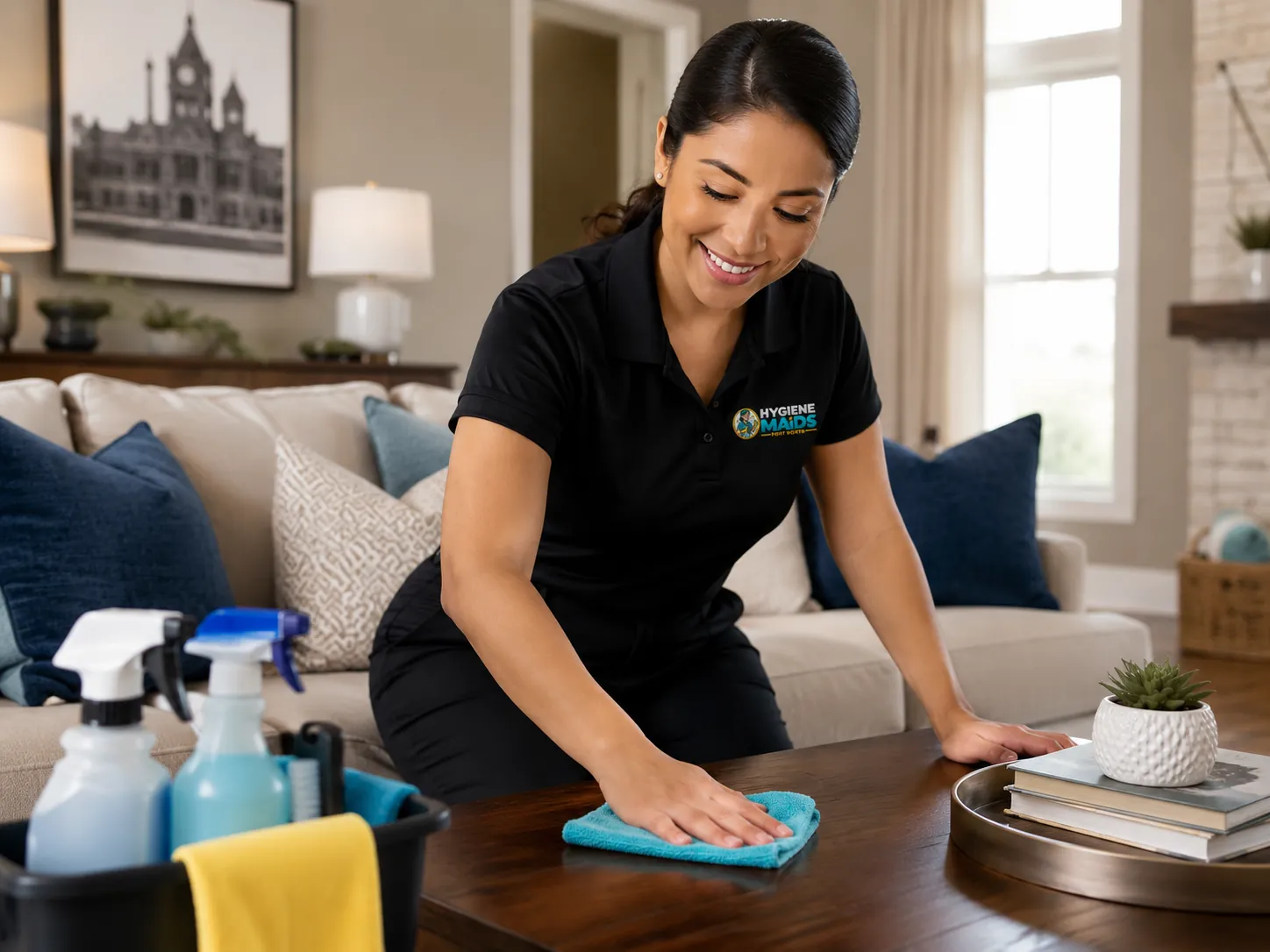 Hygiene Maids cleaner working in a Fort Worth living room with local artwork on the wall