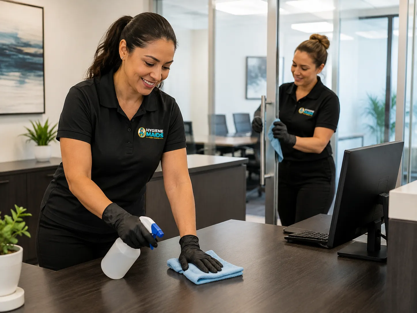 Two Hygiene Maids cleaners wiping desks and monitors in a Fort Worth office workspace