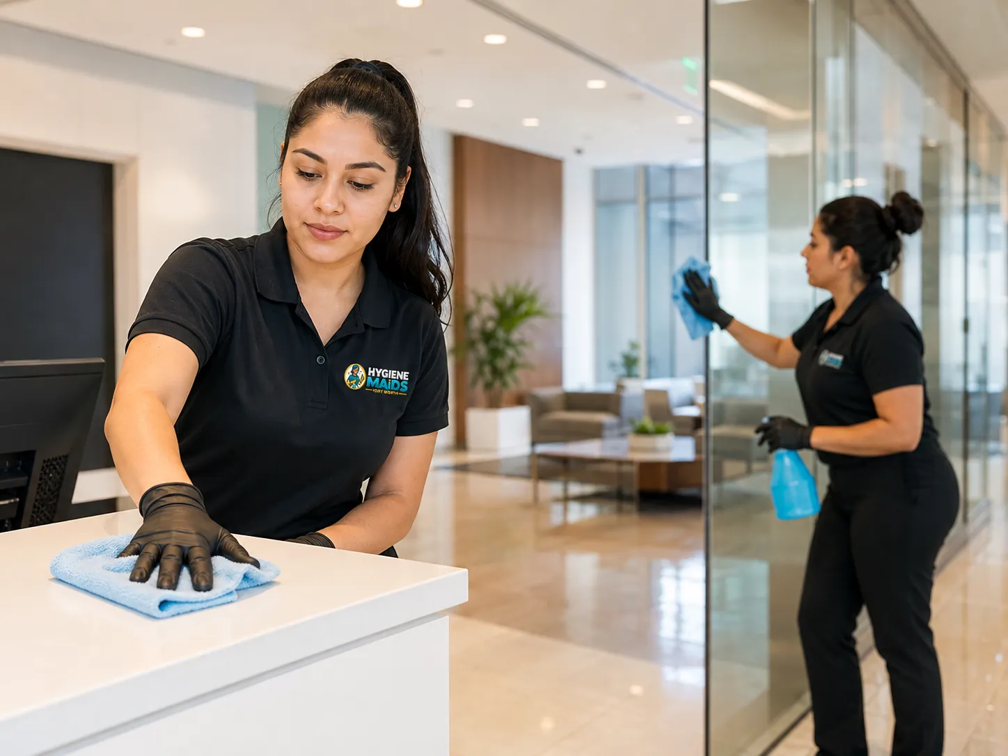 Hygiene Maids cleaners working through a commercial lobby and glass entrance in Fort Worth