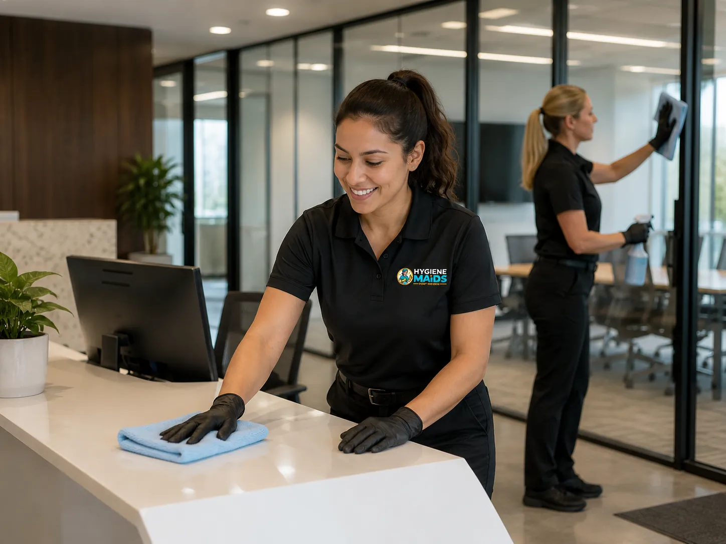 Hygiene Maids cleaner wiping a reception counter in a Fort Worth commercial building