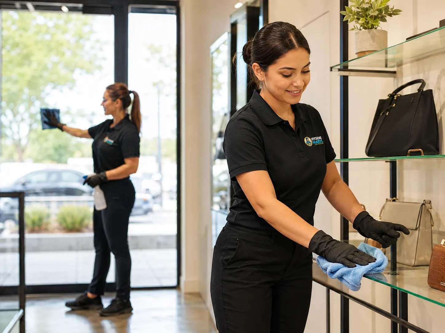 Hygiene Maids cleaner wiping down glass display shelving in a Fort Worth retail store