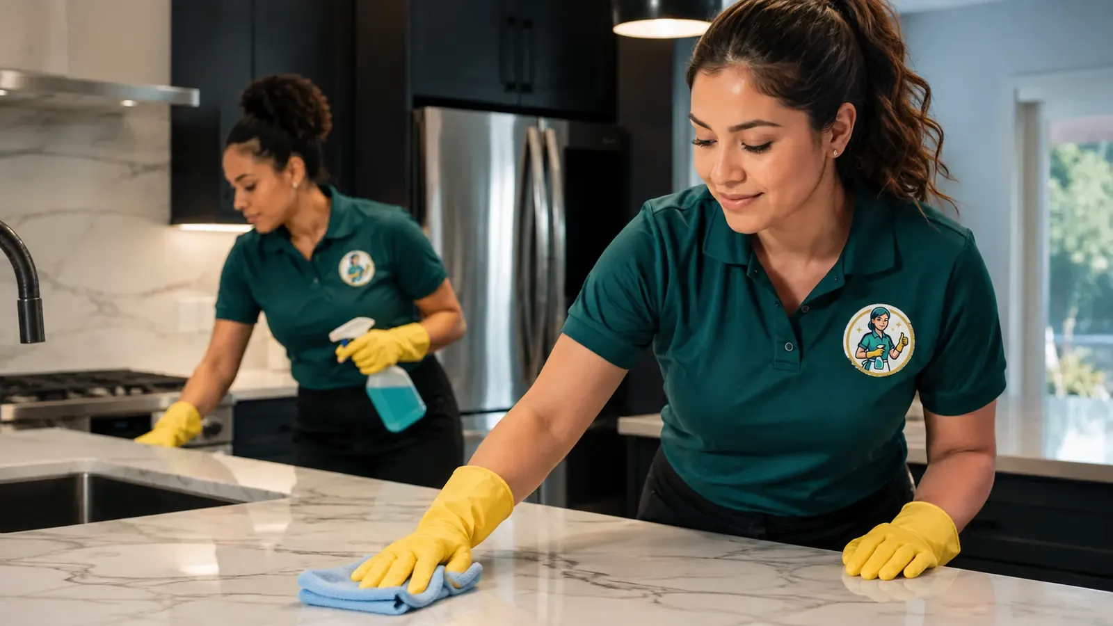 Cleaner detailing a kitchen counter surface in a Fort Worth home after a renovation