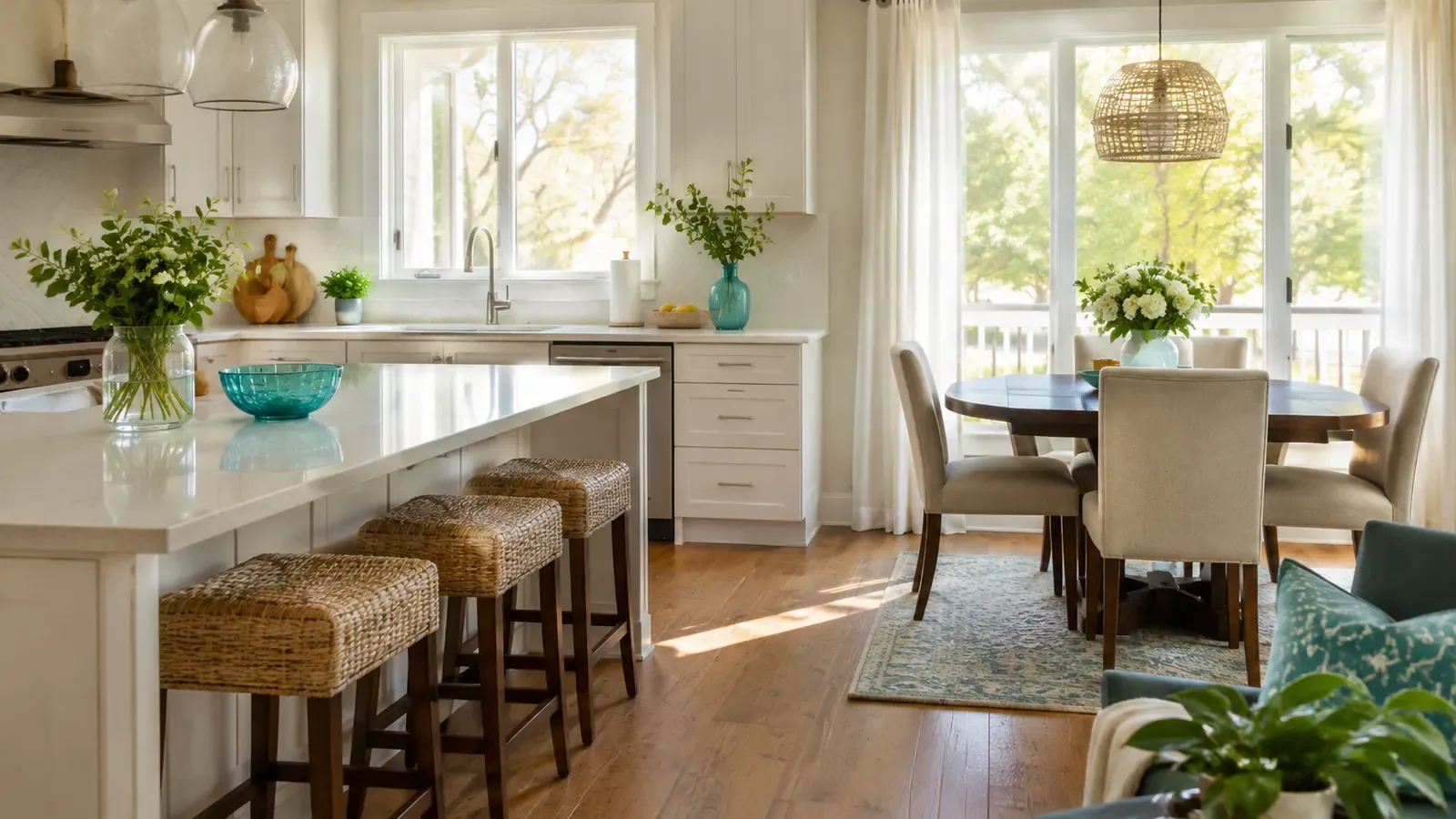 Open-plan kitchen and dining area in a Fort Worth home after a cleaning visit