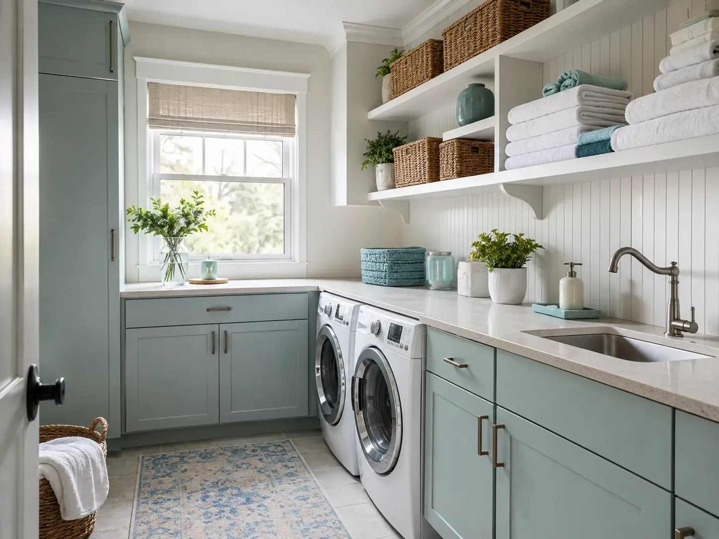 Clean laundry room with folded towels and tidy counters in a Fort Worth home
