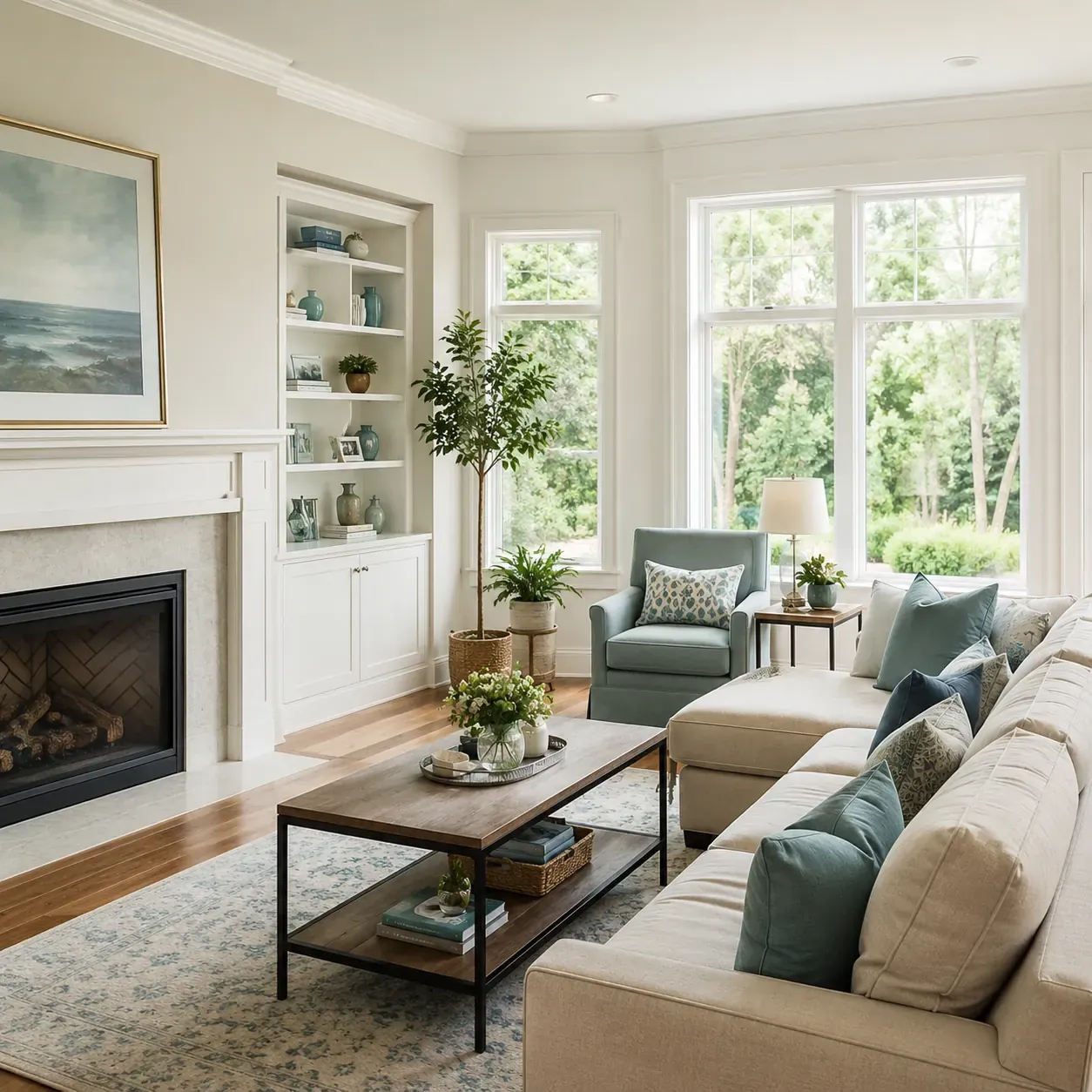 Living room with a fireplace and clean floors in a Benbrook, Texas home