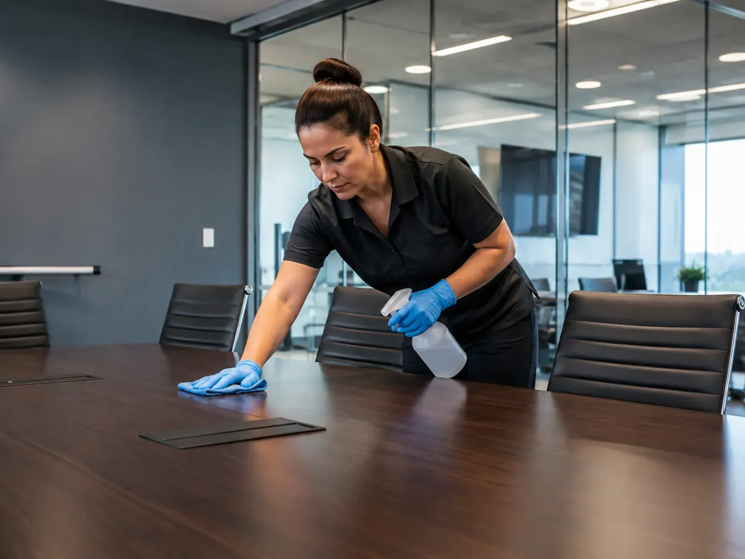 Clean conference room with a polished table and seating in a Fort Worth commercial building