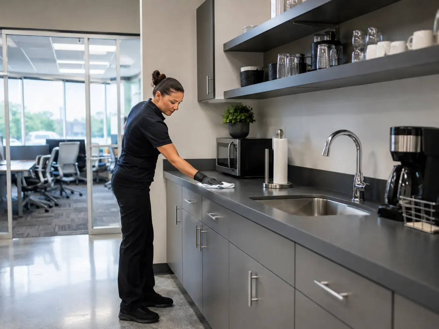 Clean office break room with counter, sink and coffee station in a Fort Worth workplace