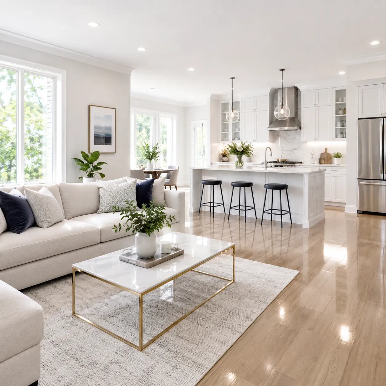Bright open-plan living room and kitchen in a Fort Worth property, cleaned and ready to hand over