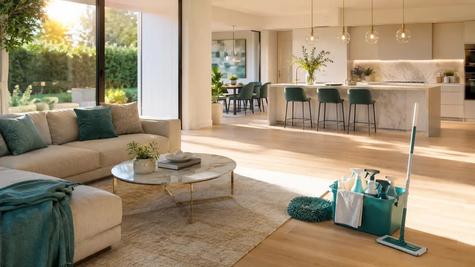 Open-plan living space in an Arlington, Texas home after a cleaning visit